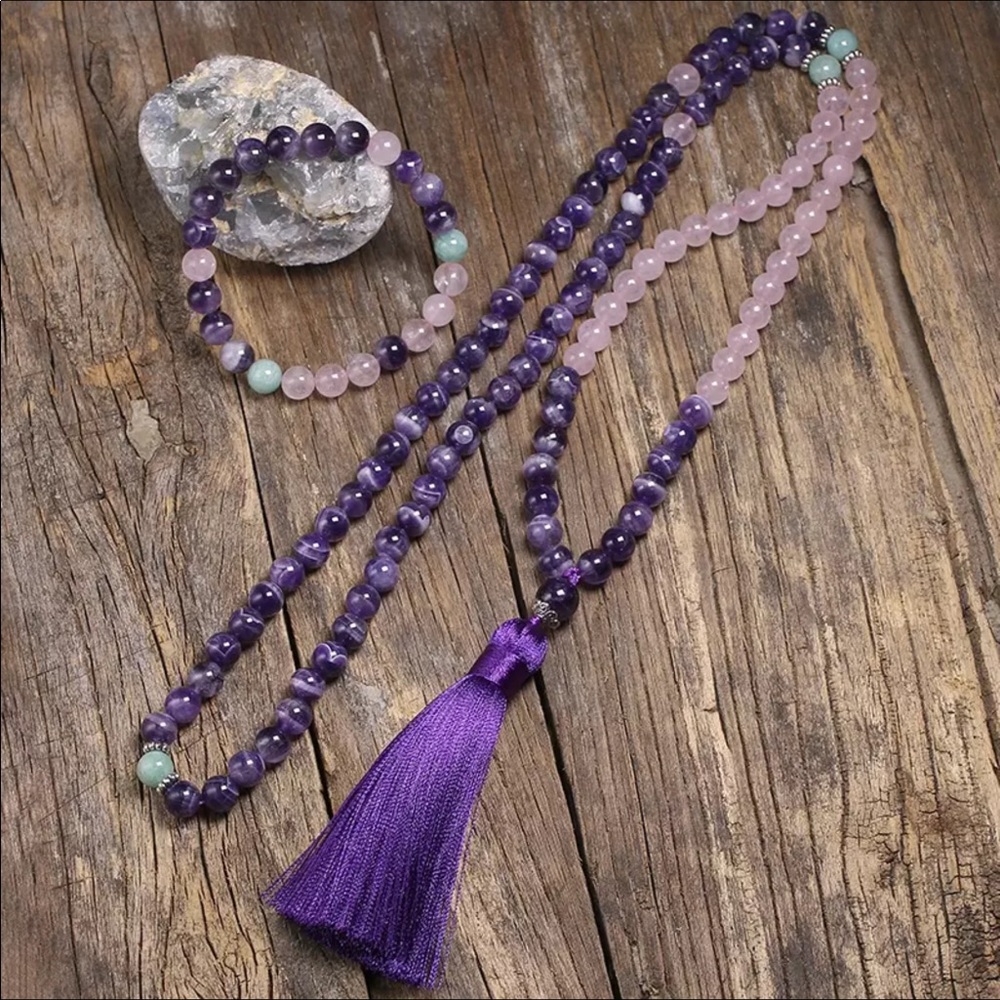 Dream amethyst, aquamarine and rose Quartz mala necklace bracelet set - Picture 2 of 2